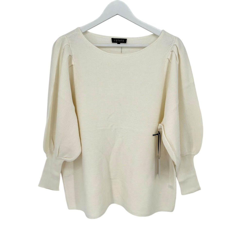 1 State Sweater Plus Size 1X Ivory Ribbed Balloon L/S Stretch Fall Winter NWT